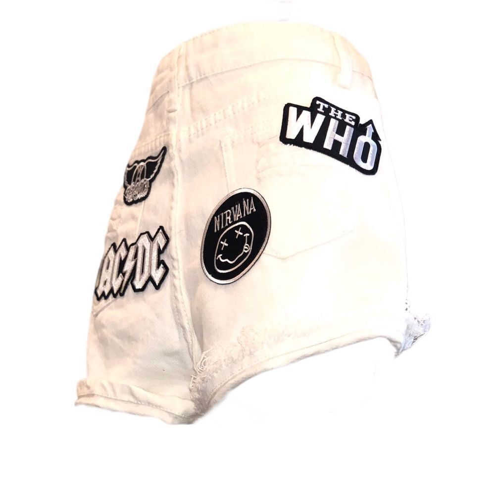White Denim Shorts W/ Black & White Rock Patches - Picture 8 of 8